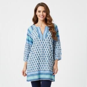 Pure Jill J Jill Plus Border Printed Split Neck Tunic Blue Printed Women 2X